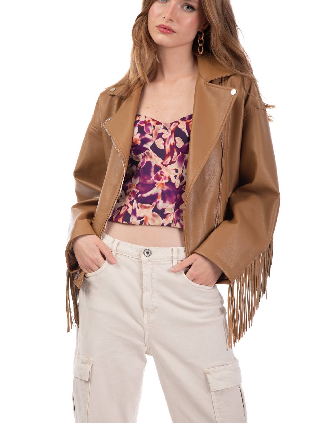 Le Volière Giacca oversize con frange in ecopelle beige Hotsell