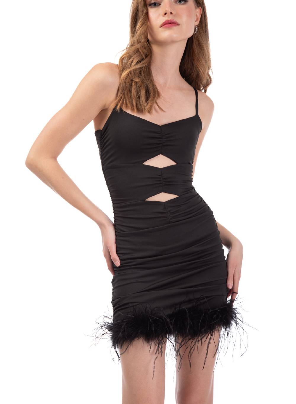 Le Volière Vestito elasticizzato nero con piume Italia