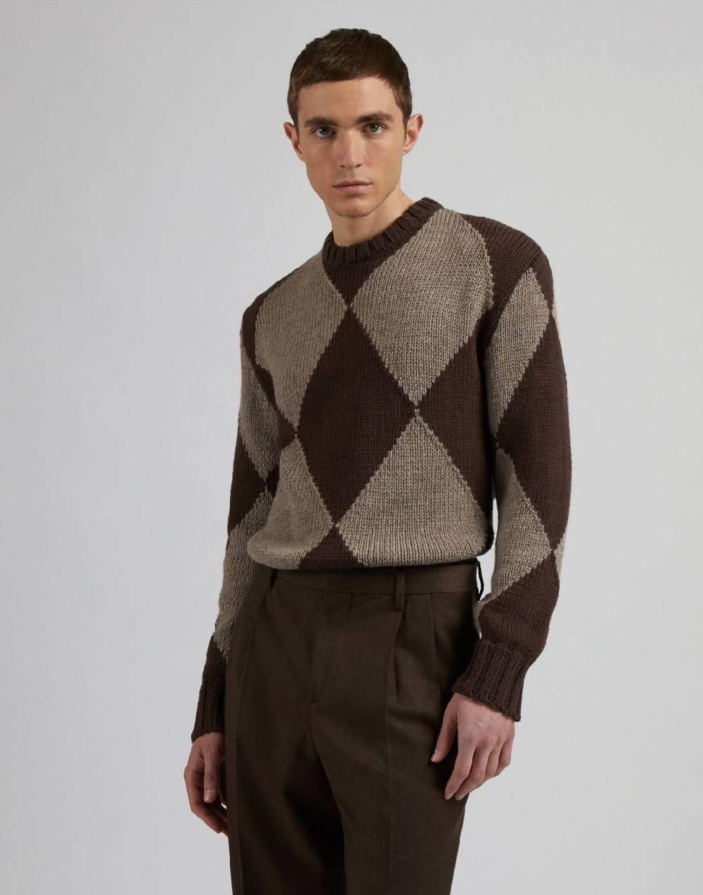 Lardini Maglia girocollo marrone con intarsio bicolore nocciola Vendita
