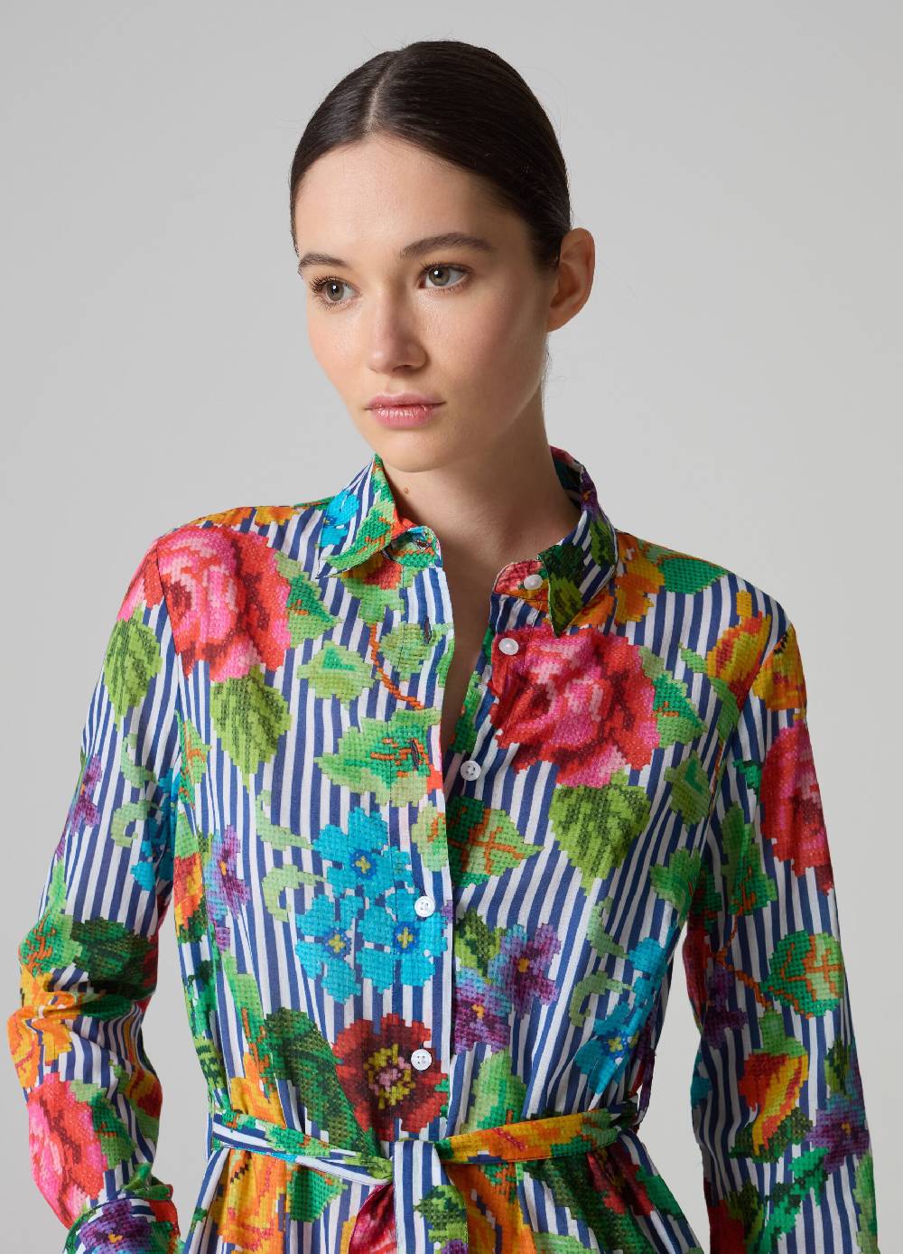 Ovs Vestito chemisier a righe con disegno a fiori Saldi Di Fabbrica