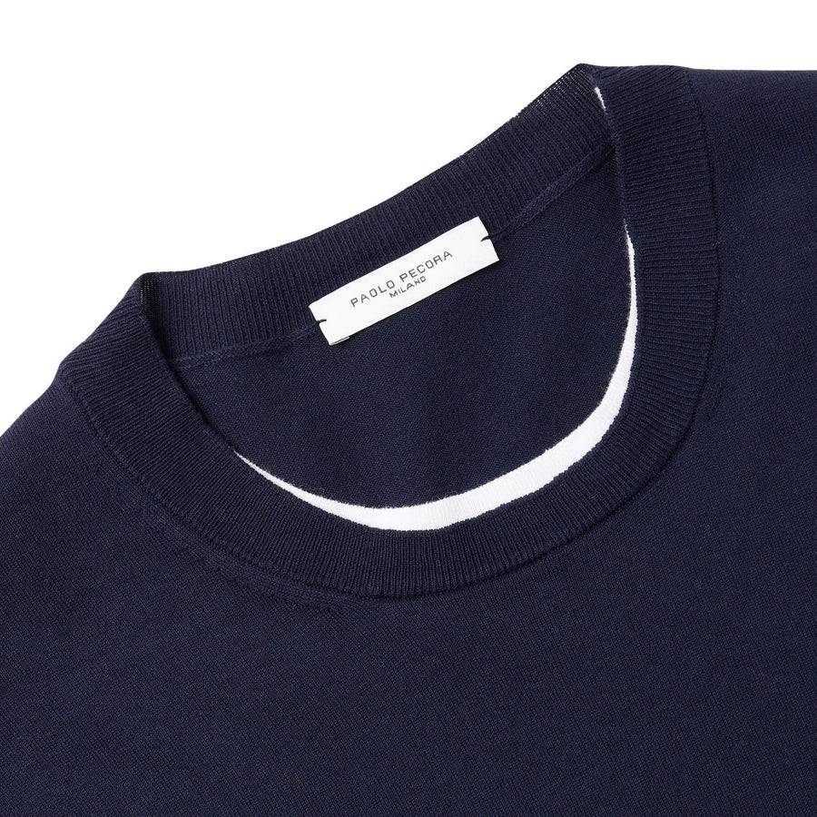 Paolo Pecora Maglia Girocollo in Puro Cotone Extrafine - Blu Navy con Dettagli Bianchi Sottocosto