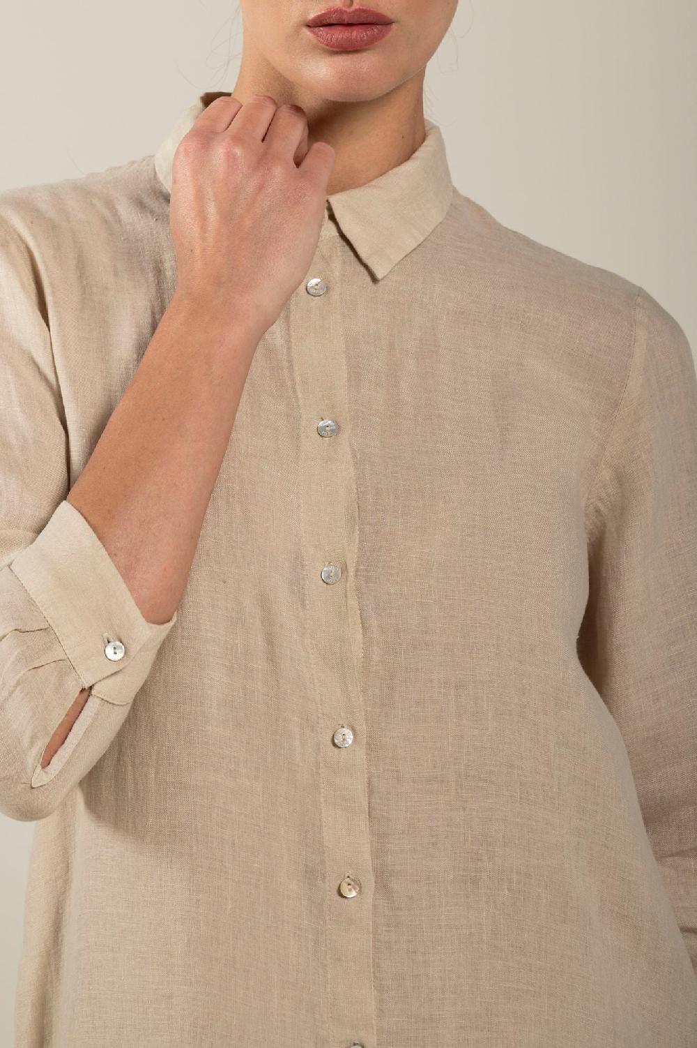 120% Lino Long Sleeve Shirt Dress with Side Slits Promozione Limitata