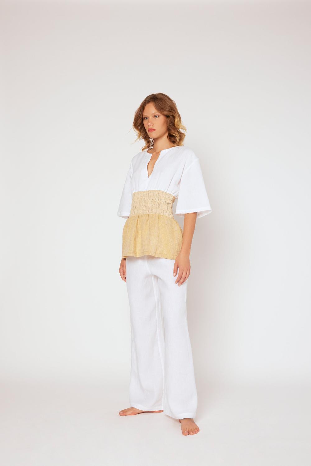 120% Lino Yarn-dyed linen top White/Beige Nuovo