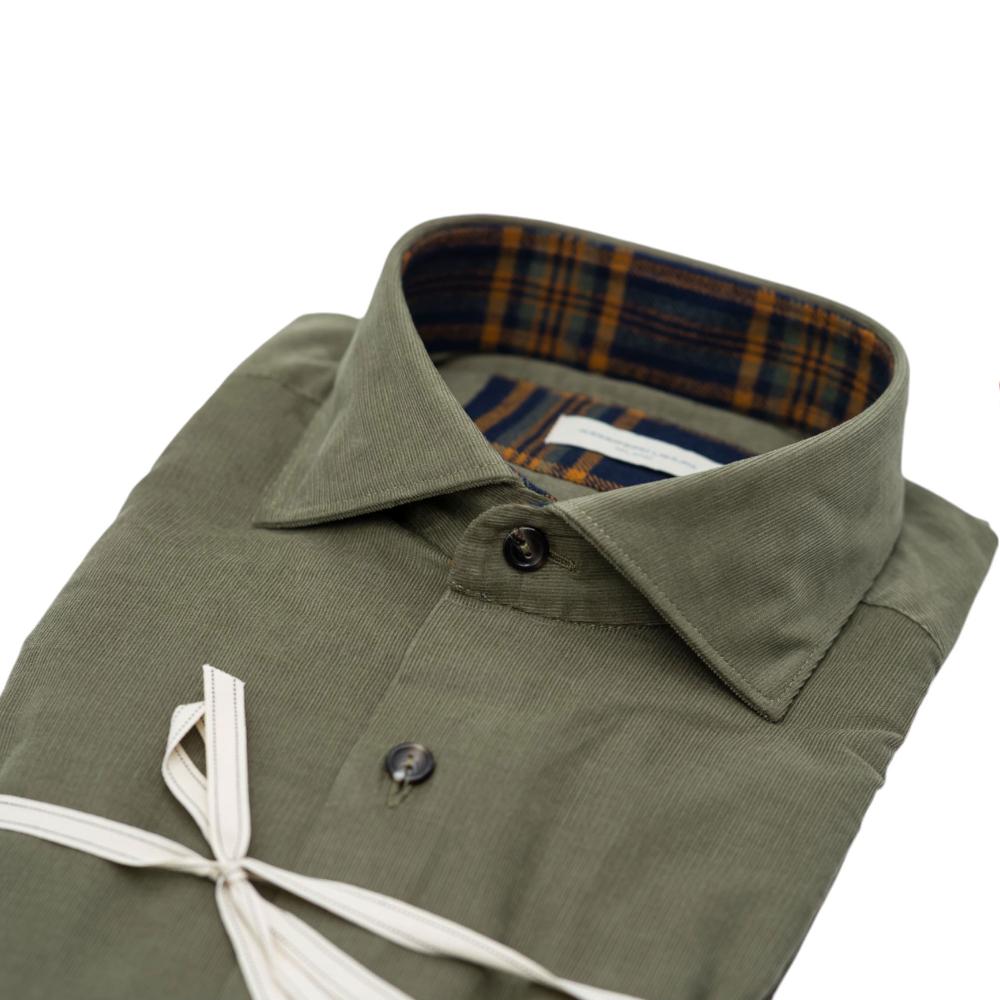 Alessandro Lamura Camicia in Velluto Millerighe Verde Oliva Con Dettagli Interni Geometrici Italy